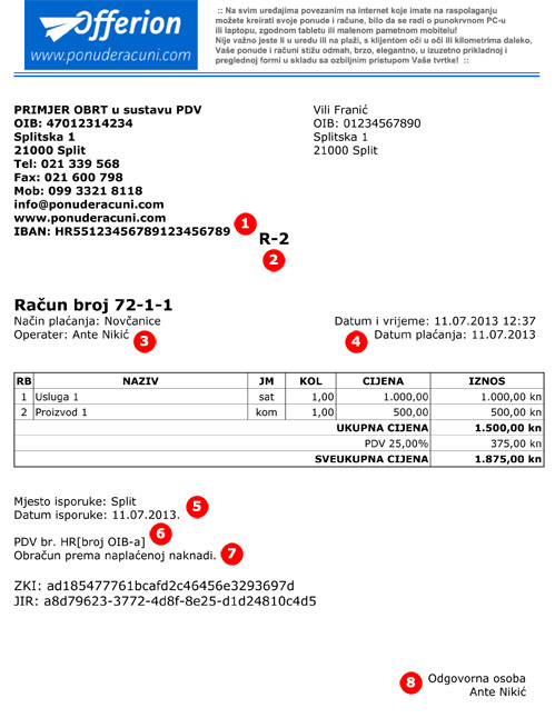 Primjer računa za obrt u sustavu PDV-a Primjer računa za obrt u sustavu PDV-a